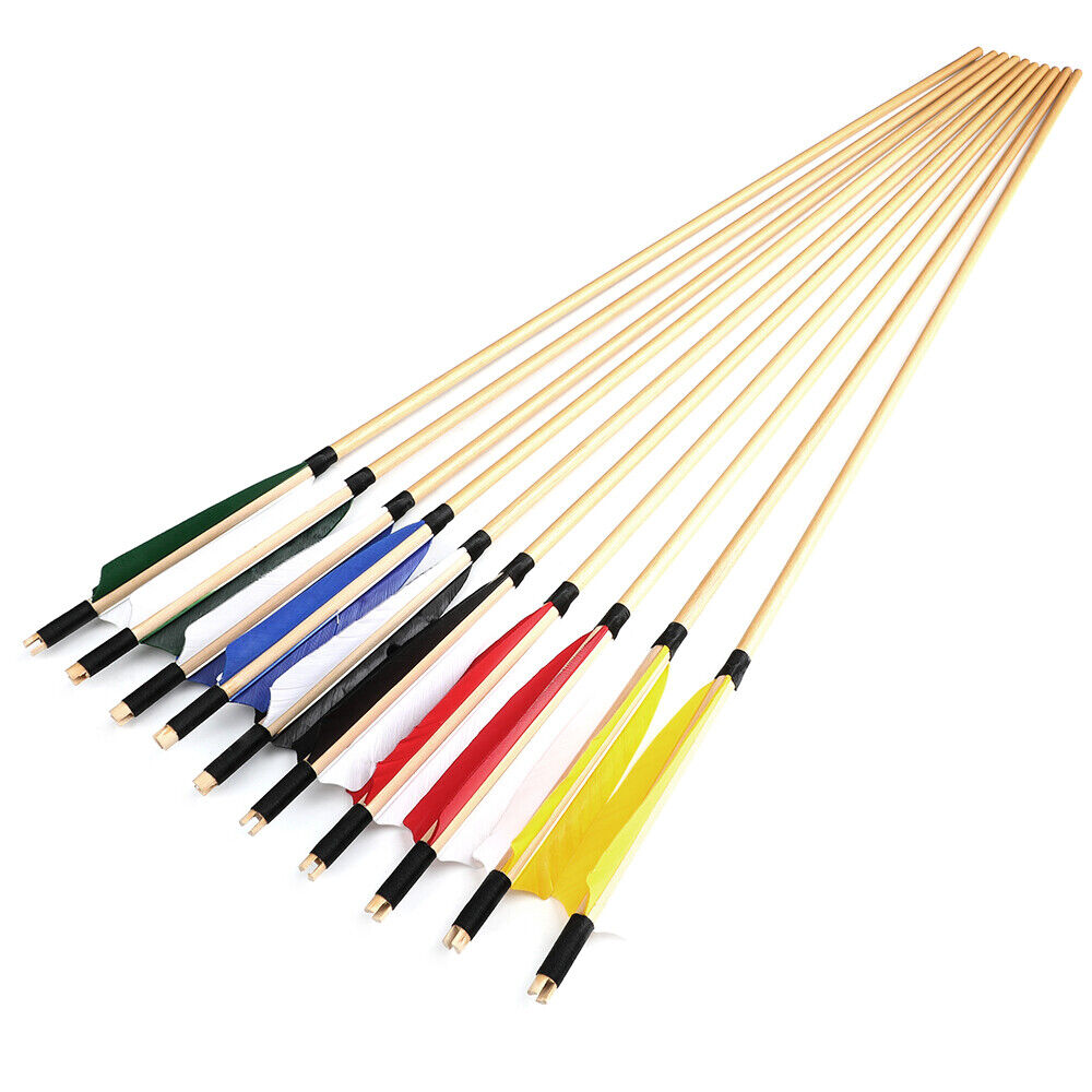 32" Traditional Wooden Arrows 12pcs, 5" Shield Turkey Feather Fletching